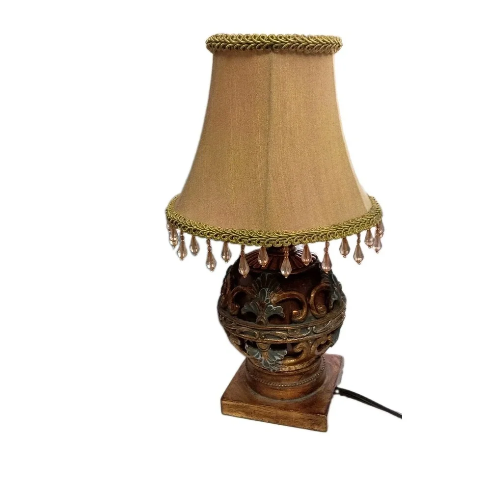 Vintage Decorative Table Lamp Beaded Fringe Shade Gold Scroll Accent Light